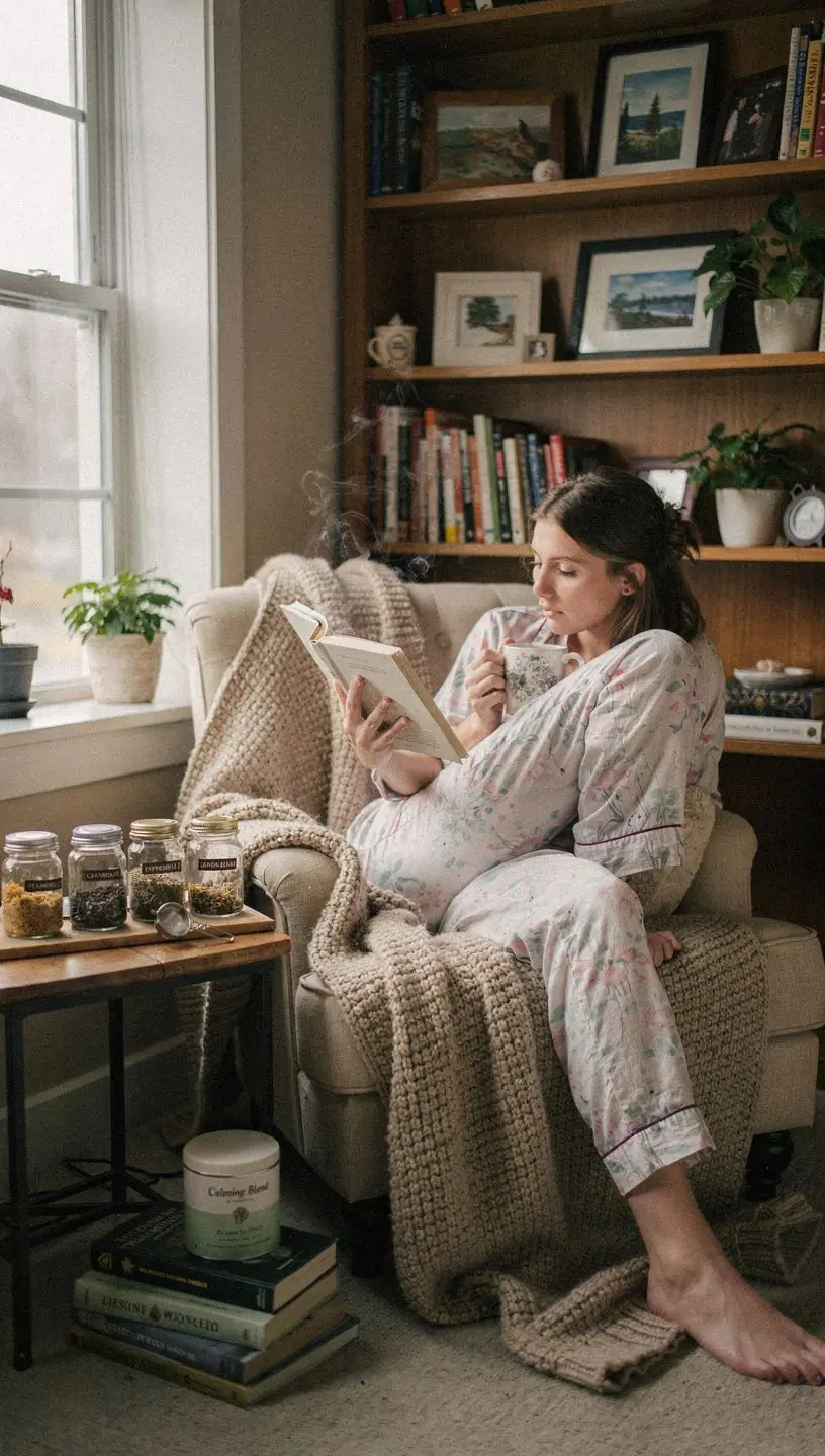 Relaxujúca atmosféra s horúcim čajom a sviečkami na stole.