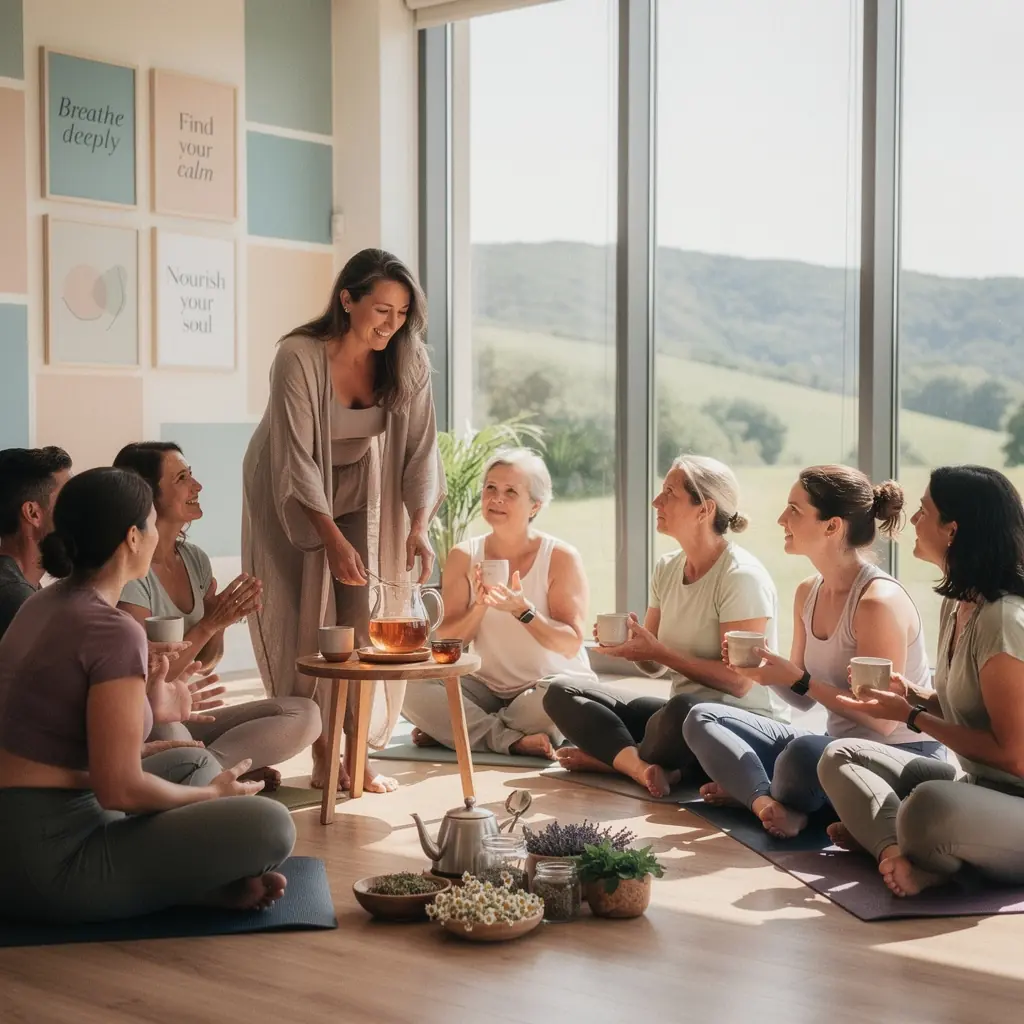 Rodina si vychutnáva spoločné chvíle pri pití čaju na záhrade.
