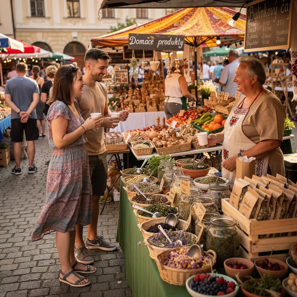 Pohľad na čajové lístky a šálky usporiadané na poličke v obchode.